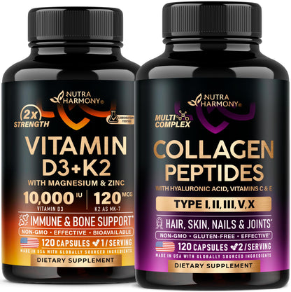 Frasco Nutraharmony vitamina D3 K2 y colágeno cápsulas