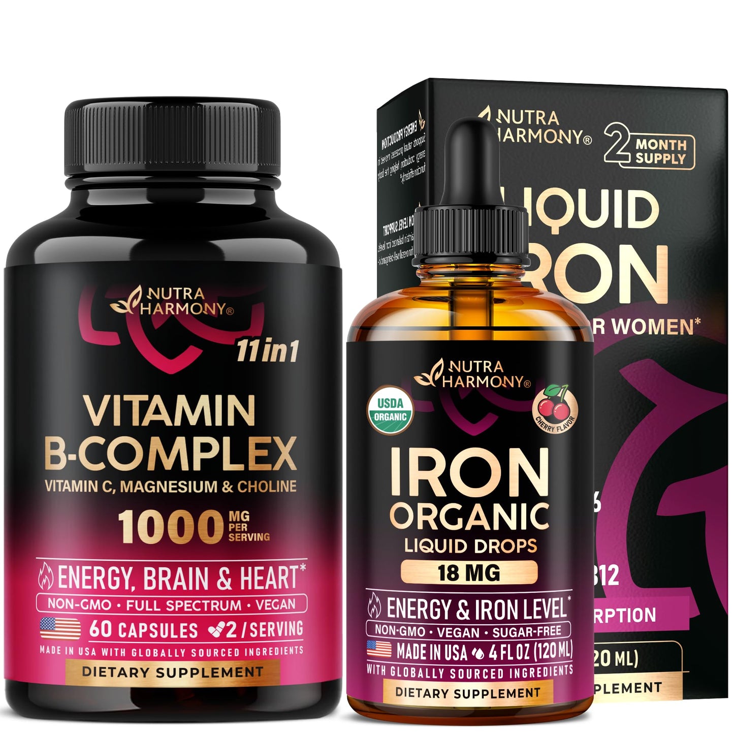 Frasco Nutraharmony vitaminas complejo B y hierro orgánico
