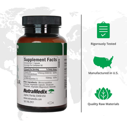 Frasco NutraMedix vitaminas D3 K2 con etiqueta azul y blanca
