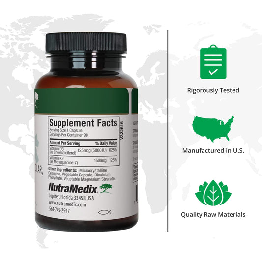Frasco NutraMedix vitaminas D3 K2 con etiqueta azul y blanca