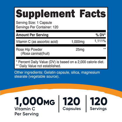 Frasco Nutricost suplemento vitamina C y escaramujo sin OGM