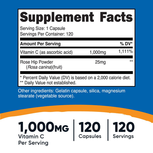 Frasco Nutricost suplemento vitamina C y escaramujo sin OGM