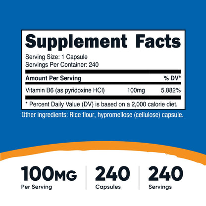 Frasco Nutricost Vitamina B6 240 cápsulas para salud general