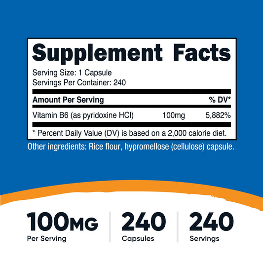 Frasco Nutricost Vitamina B6 240 cápsulas para salud general