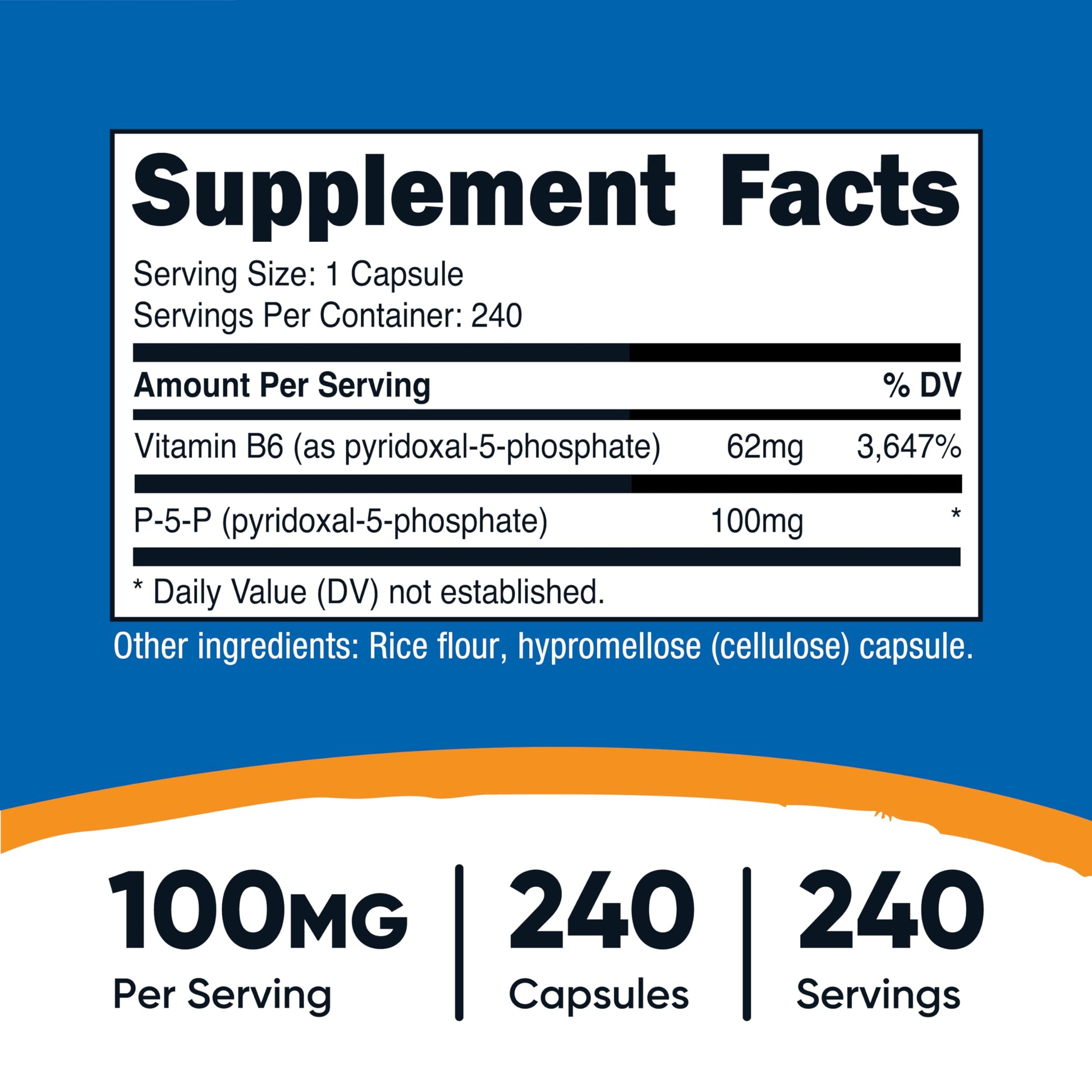 Frasco Nutricost vitamina b6 p5p 100mg 240 cápsulas