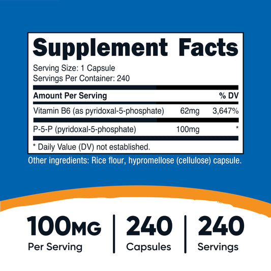 Frasco Nutricost vitamina b6 p5p 100mg 240 cápsulas