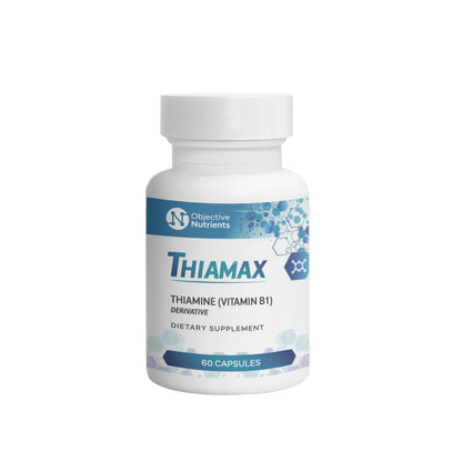 Frasco de Objective Nutrients Thiamax vitamina B1 100 mg 60 cápsulas
