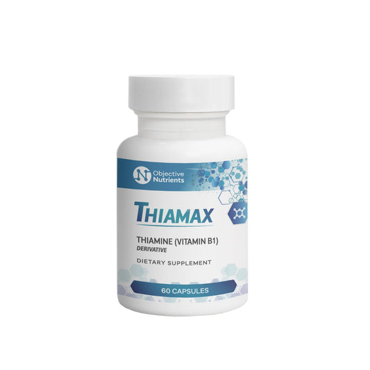 Frasco de Objective Nutrients Thiamax vitamina B1 100 mg 60 cápsulas