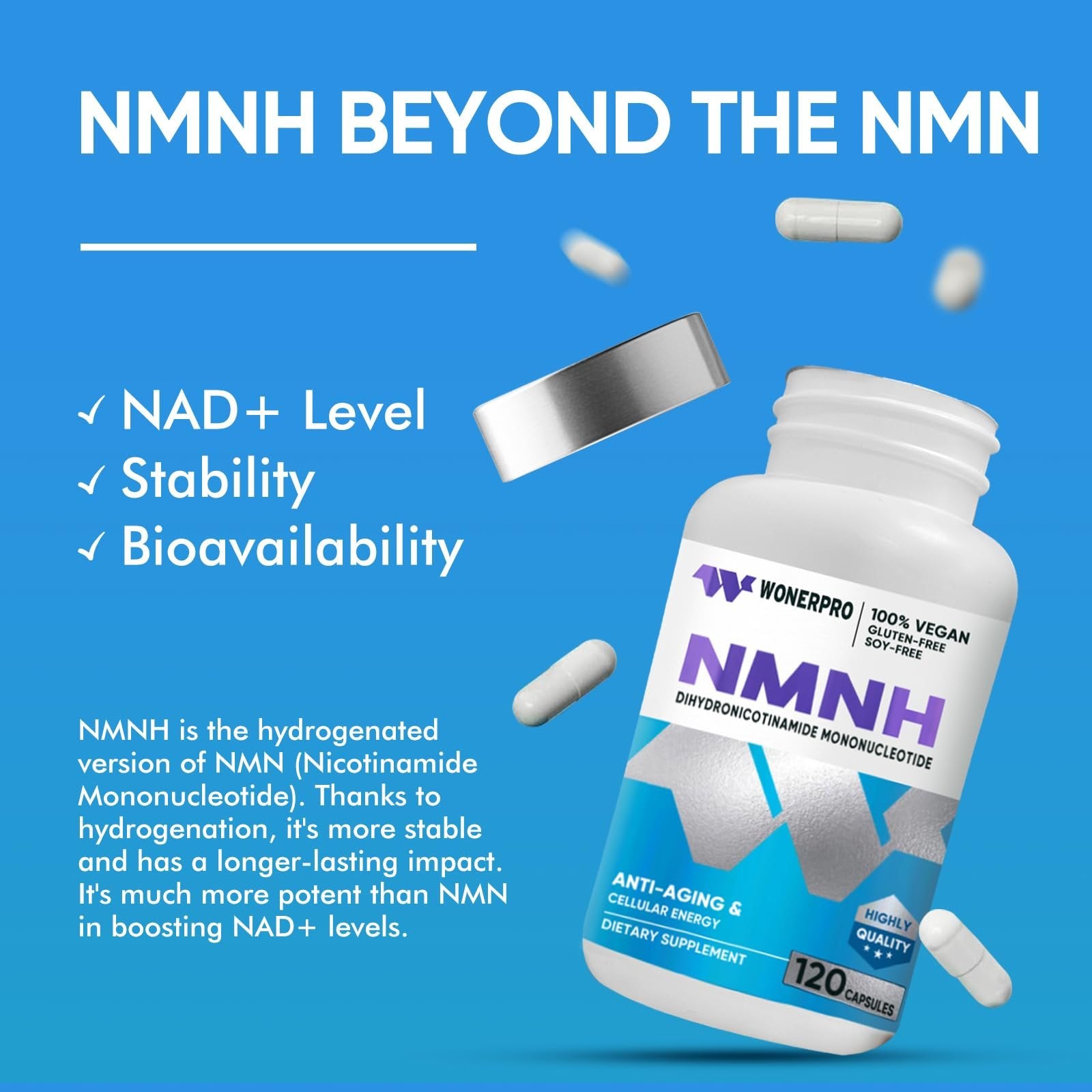 Frasco NMNH y cápsulas en primer plano