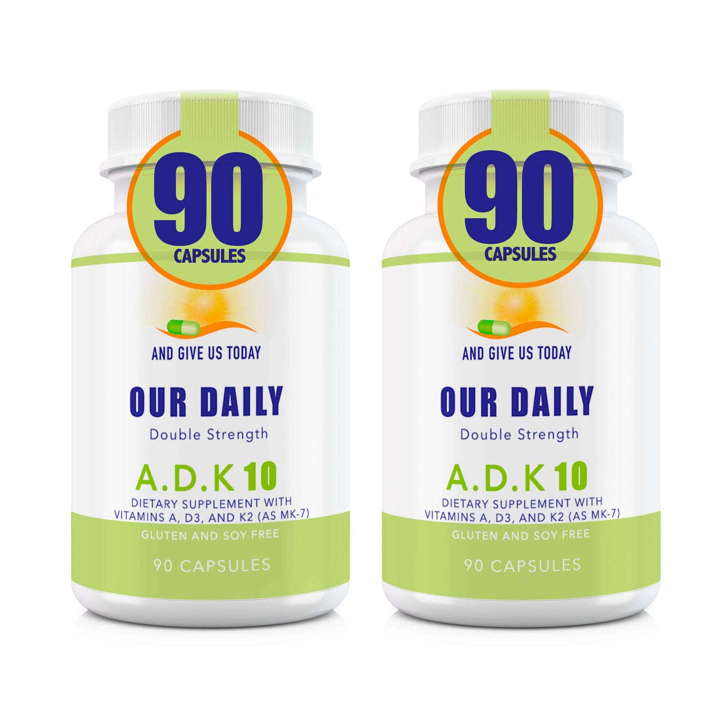 Frasco Our Daily Vites ADK 10 vitaminas A D3 K2 180 cápsulas
