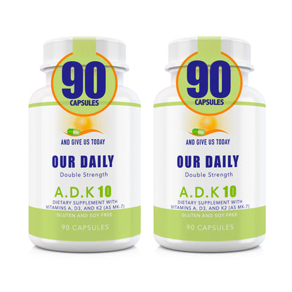 Frasco Our Daily Vites ADK 10 vitaminas A D3 K2 180 cápsulas