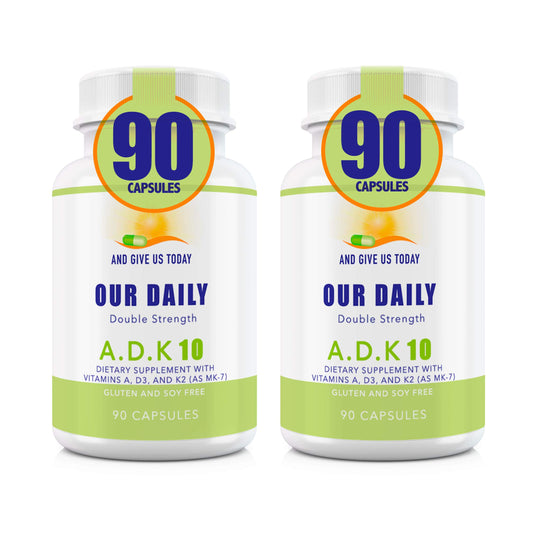 Frasco Our Daily Vites ADK 10 vitaminas A D3 K2 180 cápsulas