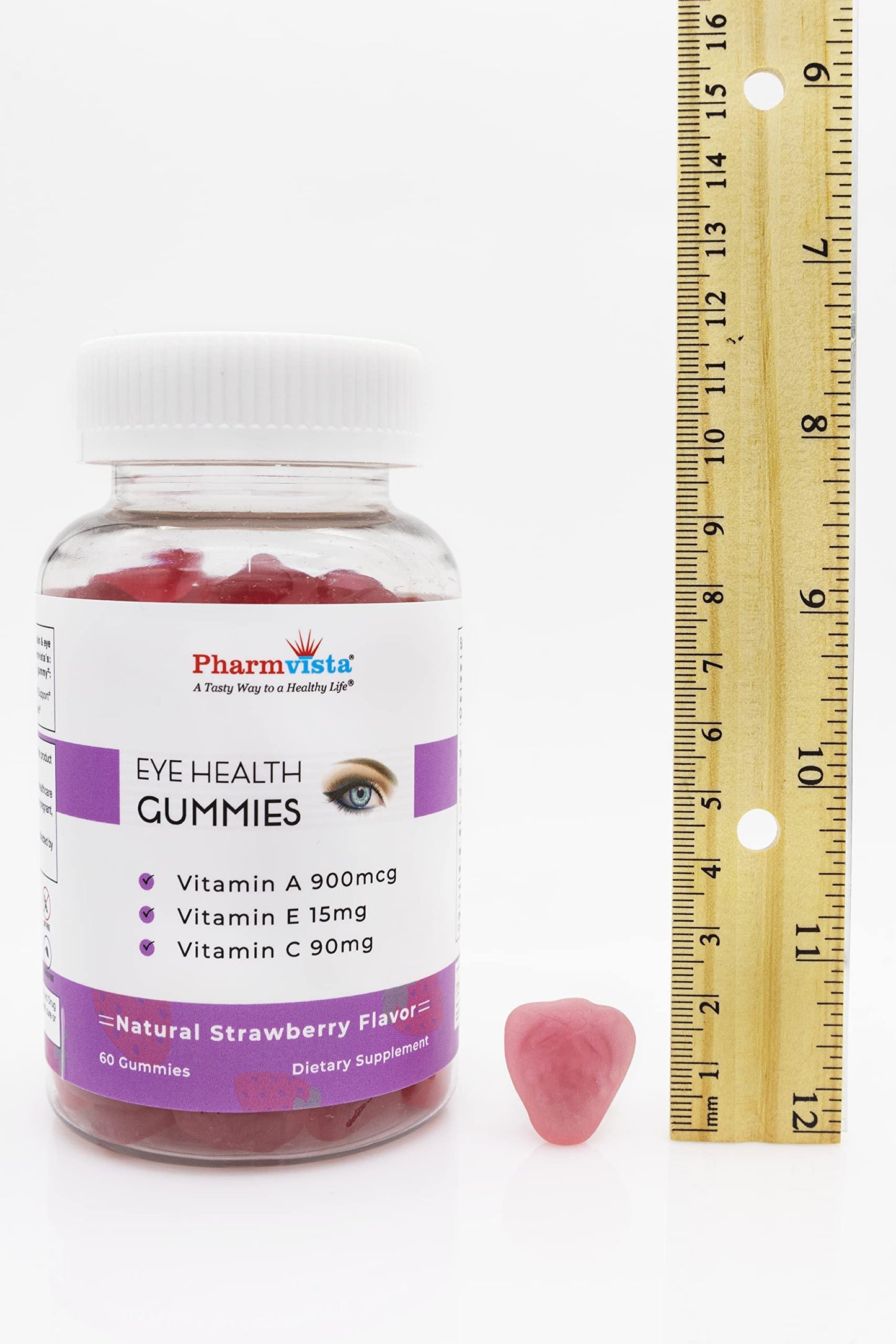 Frasco y paquete de gomitas para salud ocular Pharmvista