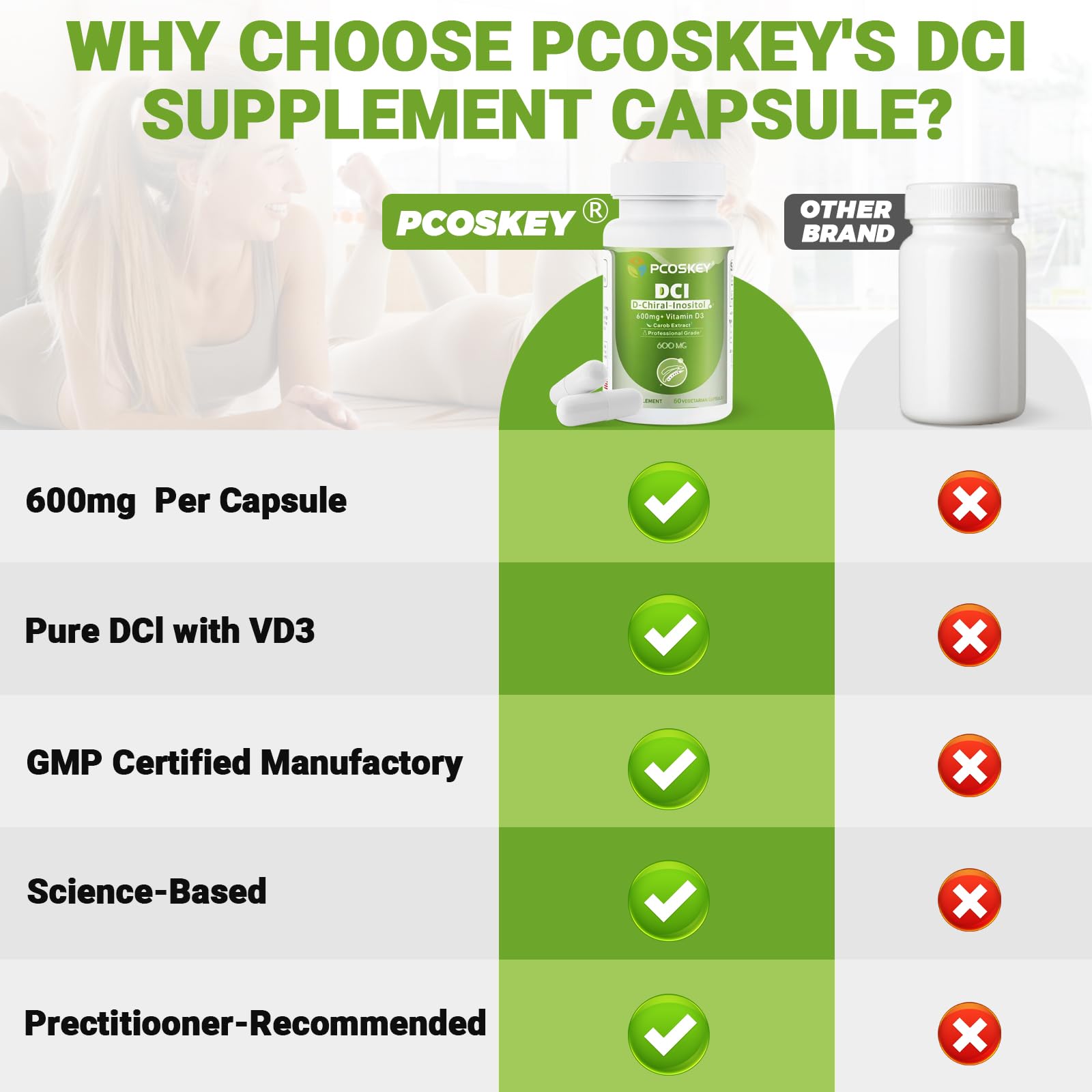 Frasco de pcoskey D-Chiral-Inositol 600mg con vitamina D3 para mujeres