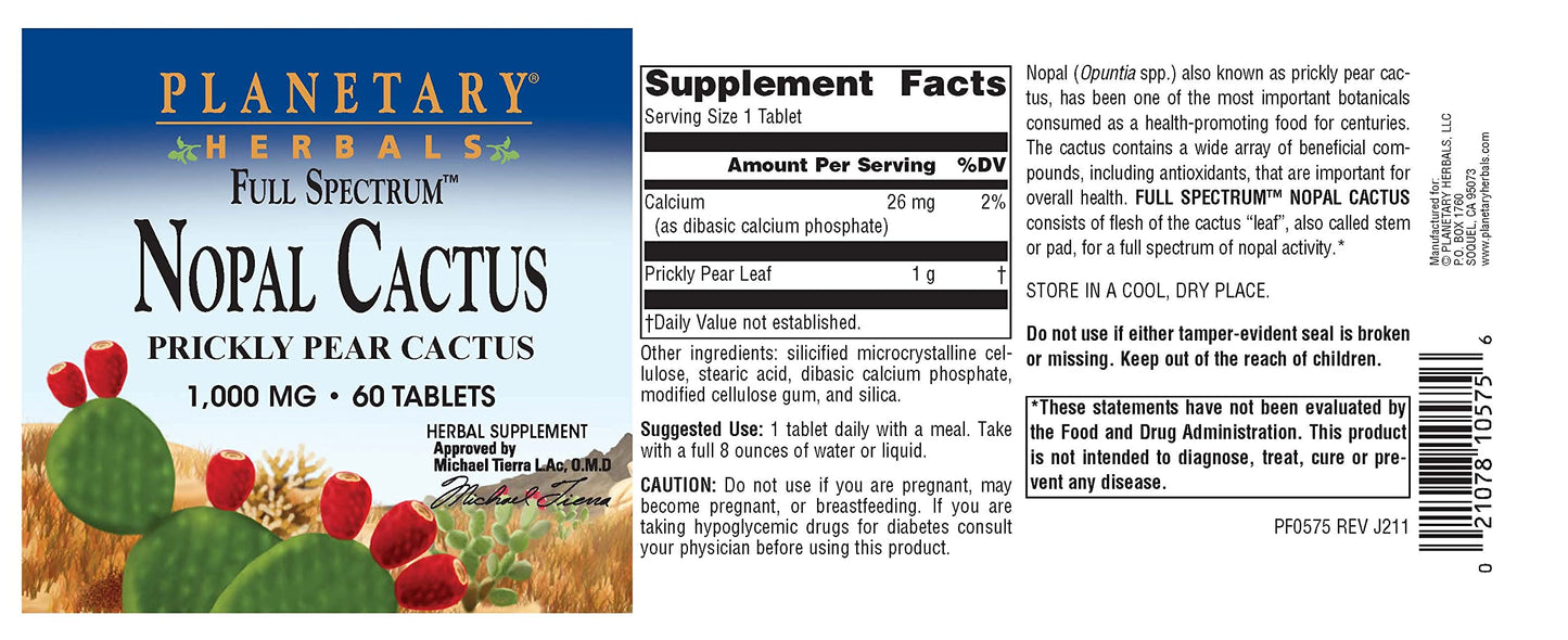 Frasco Planetary Herbals Nopal cactus 60 tabletas