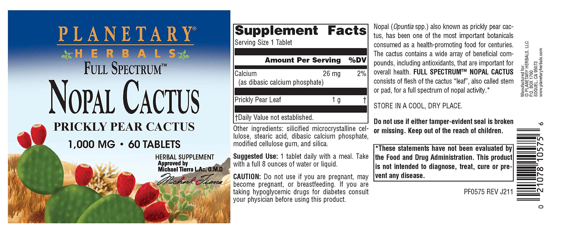 Frasco Planetary Herbals Nopal cactus 60 tabletas