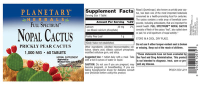 Frasco Planetary Herbals Nopal cactus 60 tabletas