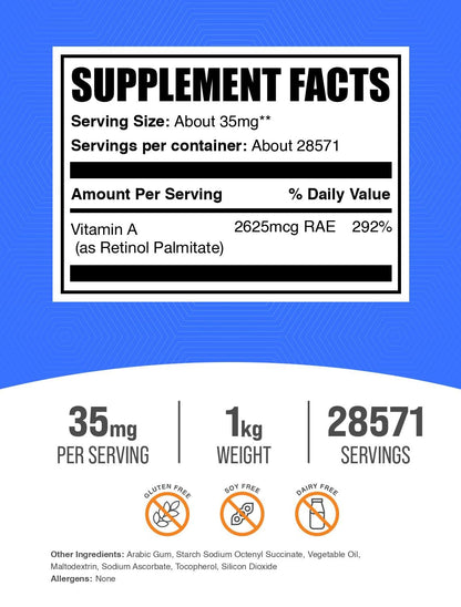 Frasco polvo palmitato vitamina A BulkSupplements 35mg por dosis