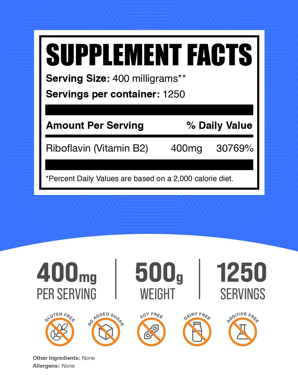 Frasco polvo riboflavina BulkSupplements 500g