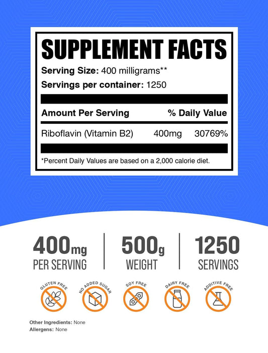 Frasco polvo riboflavina BulkSupplements 500g