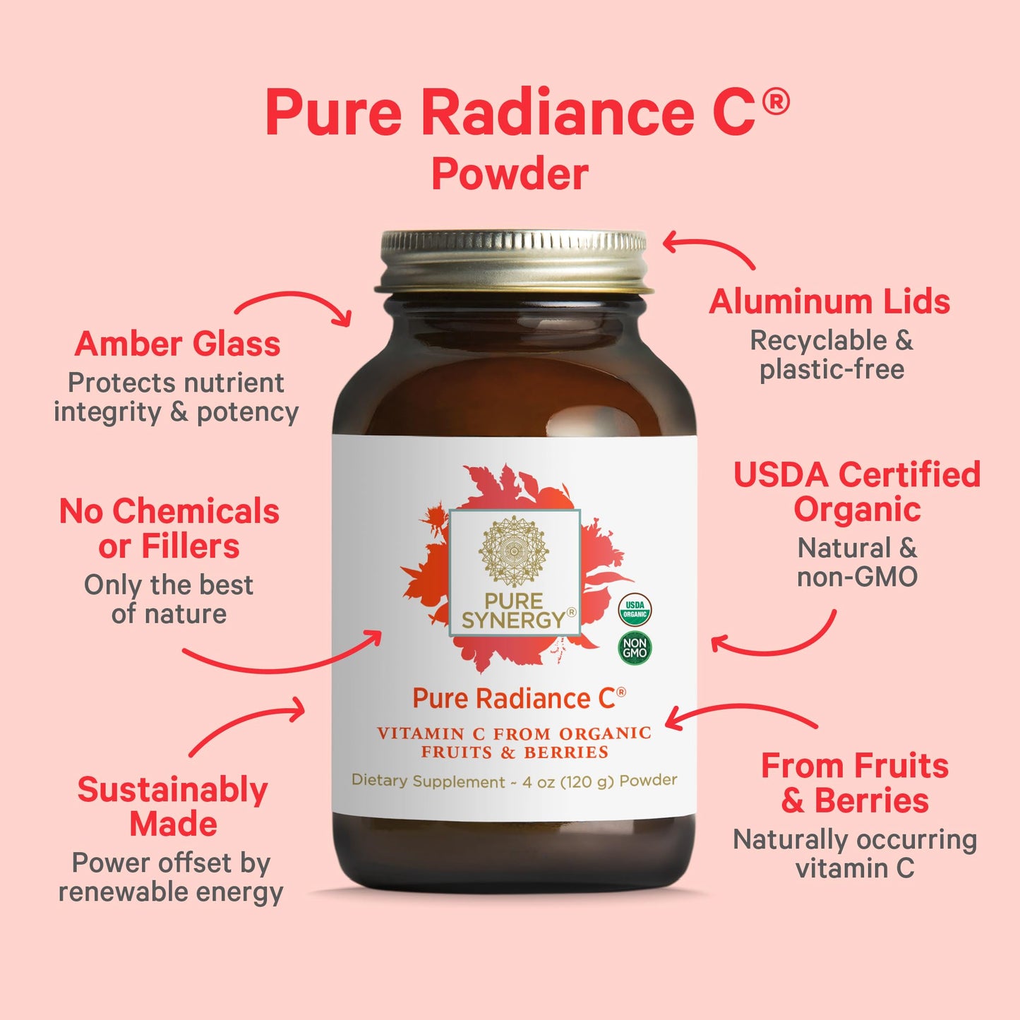 Frasco de polvo vitamina c Pure Synergy para soporte inmunológico