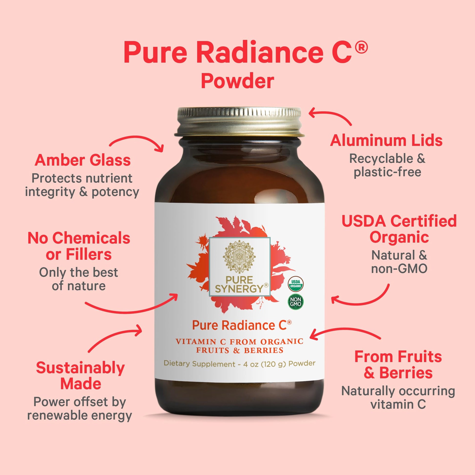 Frasco de polvo vitamina c Pure Synergy para soporte inmunológico