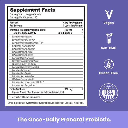 Frasco probióticos prenatales Mother's Promise con 17 cepas