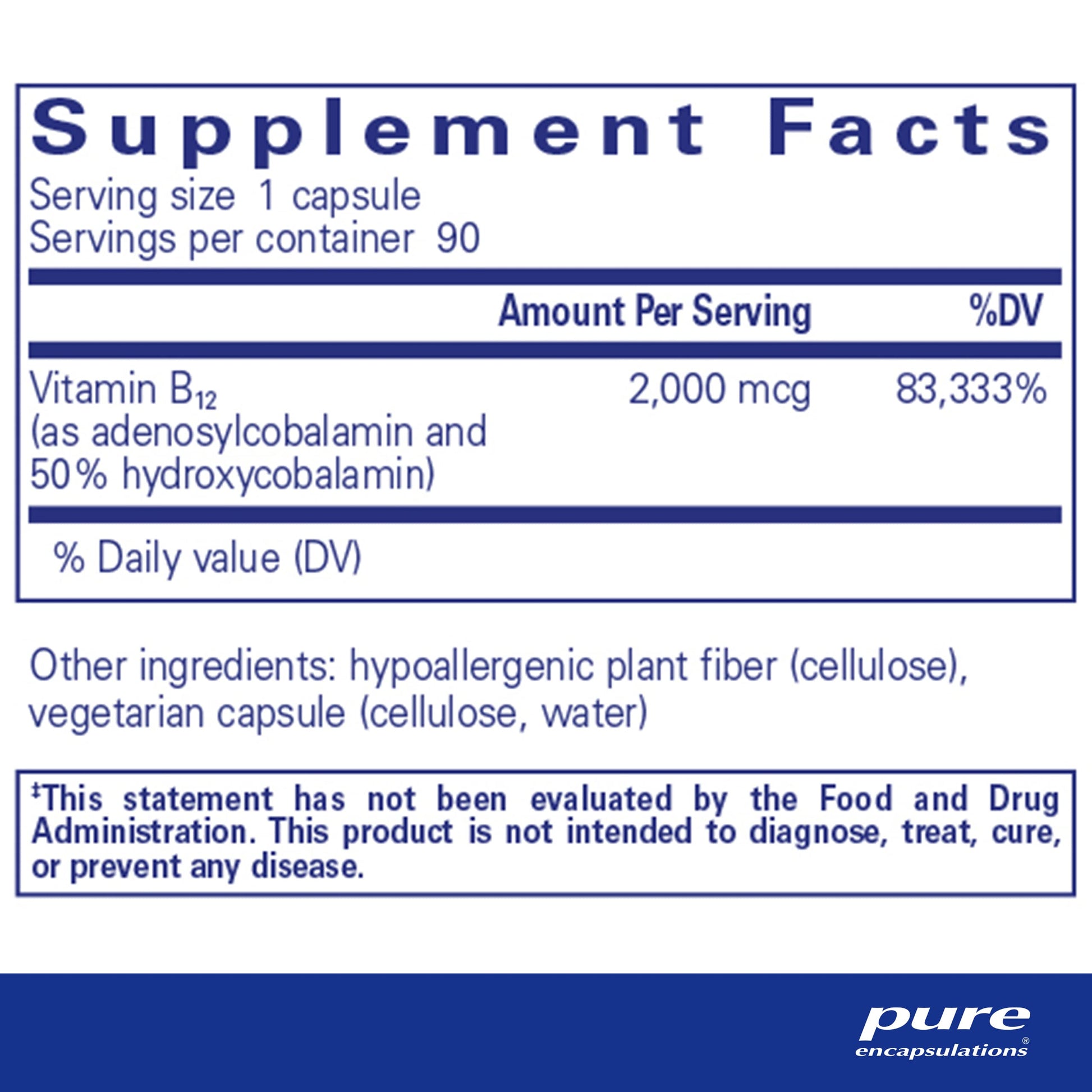 Frasco pure encapsulations b12 alta potencia 90 cápsulas vegano