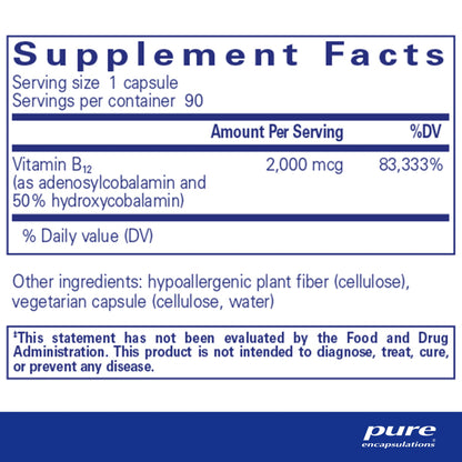 Frasco pure encapsulations b12 alta potencia 90 cápsulas vegano
