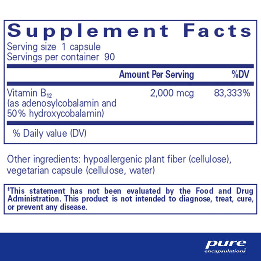 Frasco pure encapsulations b12 alta potencia 90 cápsulas vegano