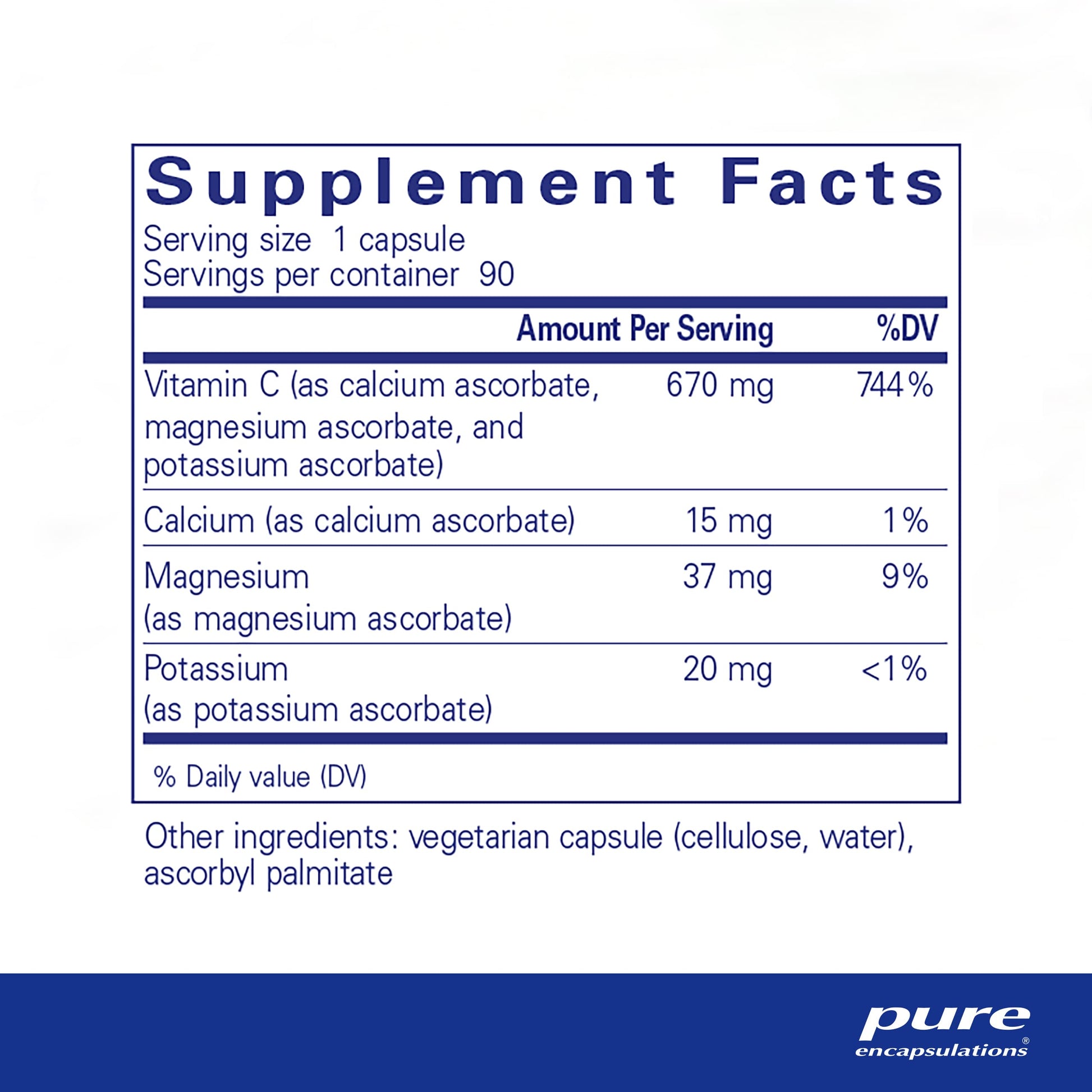 Frasco Pure Encapsulations suplemento vitamina c 90 cápsulas