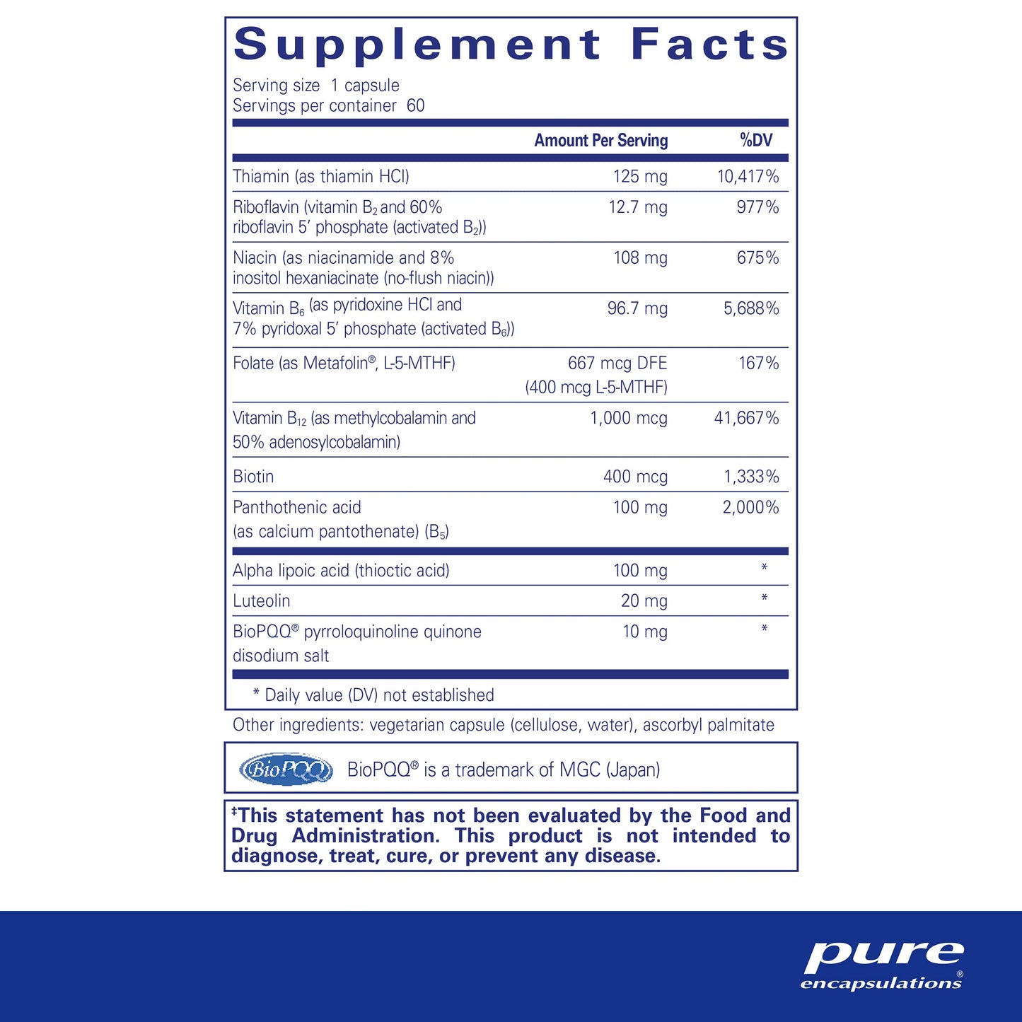 Frasco Pure Encapsulations Ultra B-Complex para salud nerviosa y celular