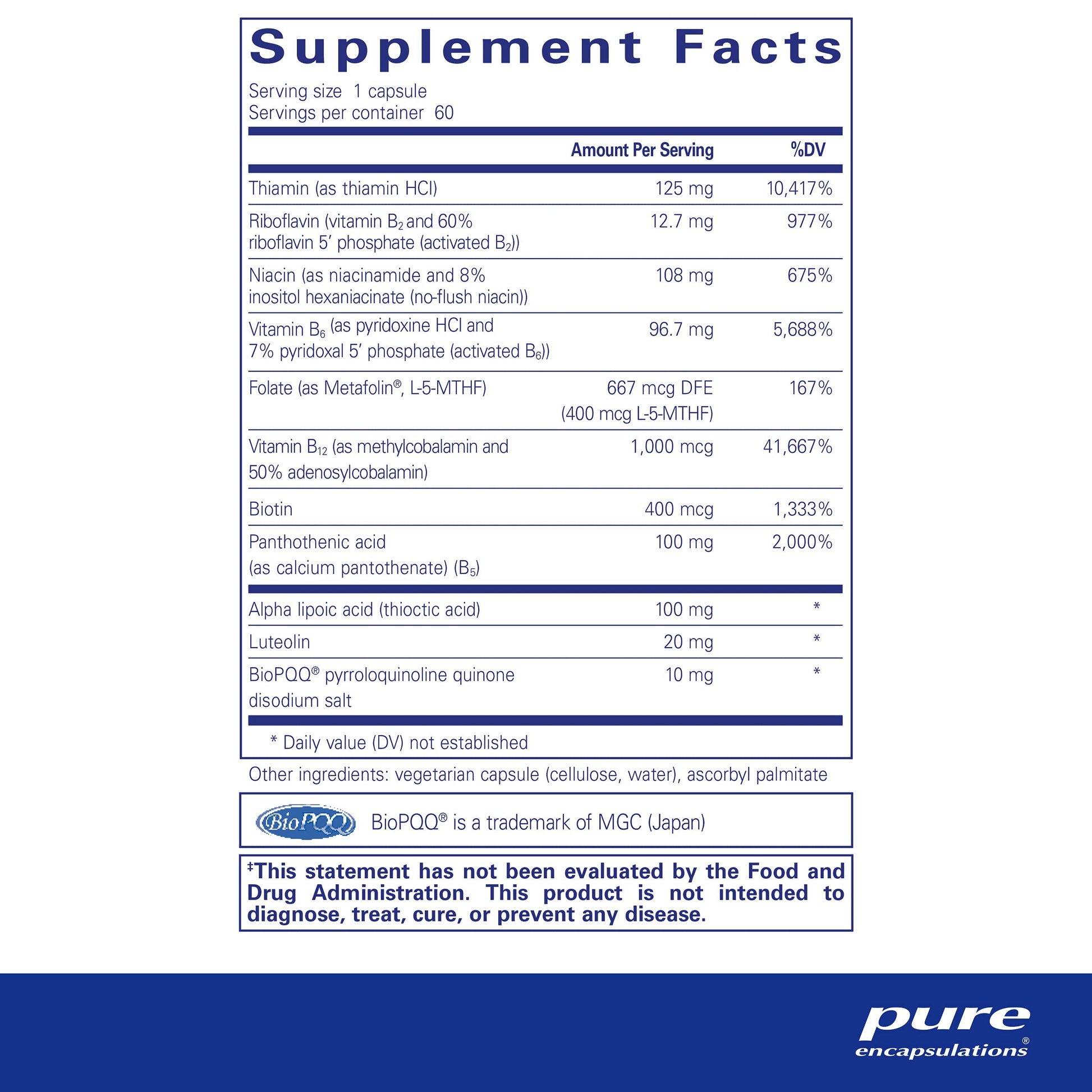 Frasco Pure Encapsulations Ultra B-Complex para salud nerviosa y celular