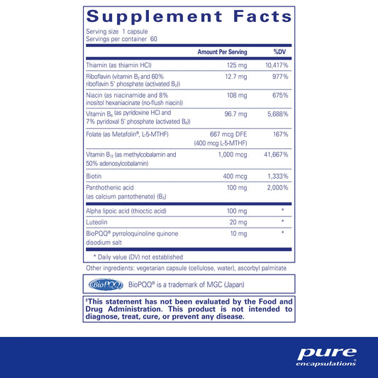 Frasco Pure Encapsulations Ultra B-Complex para salud nerviosa y celular