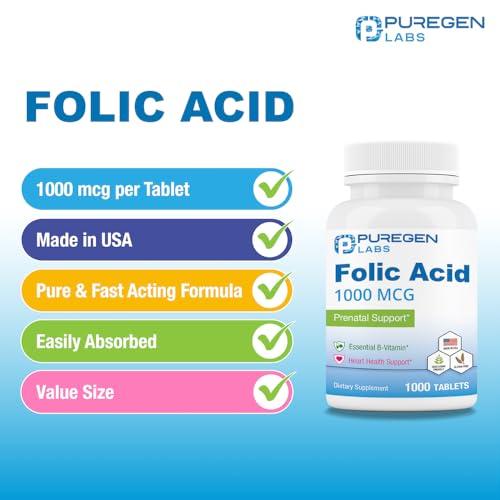 Frasco Puregen Labs suplemento ácido fólico alta calidad