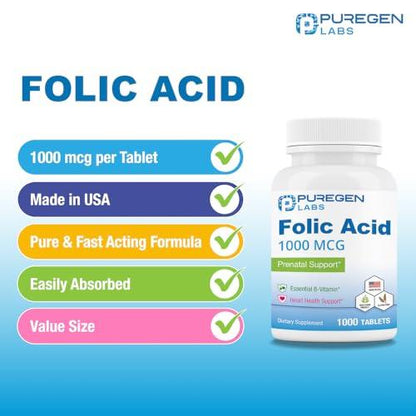 Frasco Puregen Labs suplemento ácido fólico alta calidad