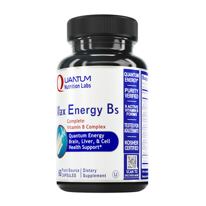 Frasco Quantum Nutrition Labs Max Energy Bs cápsulas vegetarianas