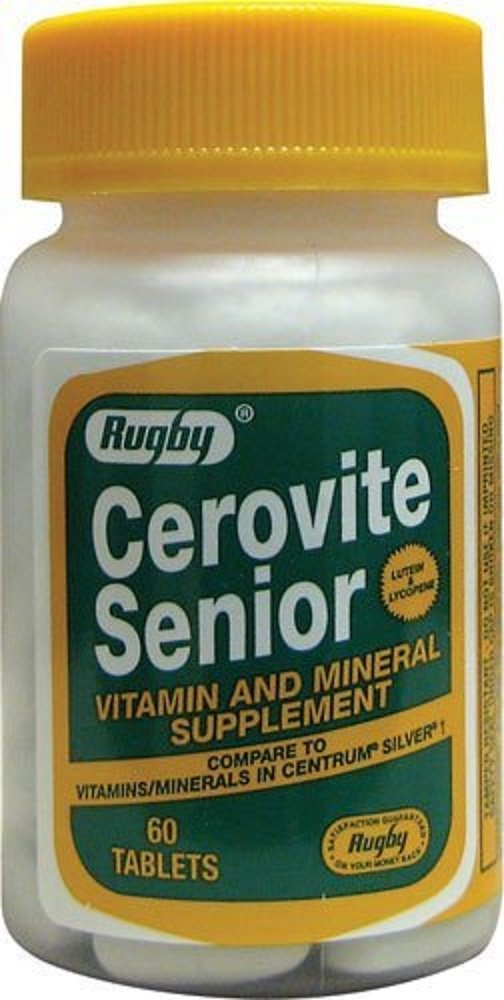 Frasco de Rugby Cerovite Senior 60 CT, multivitamínico.