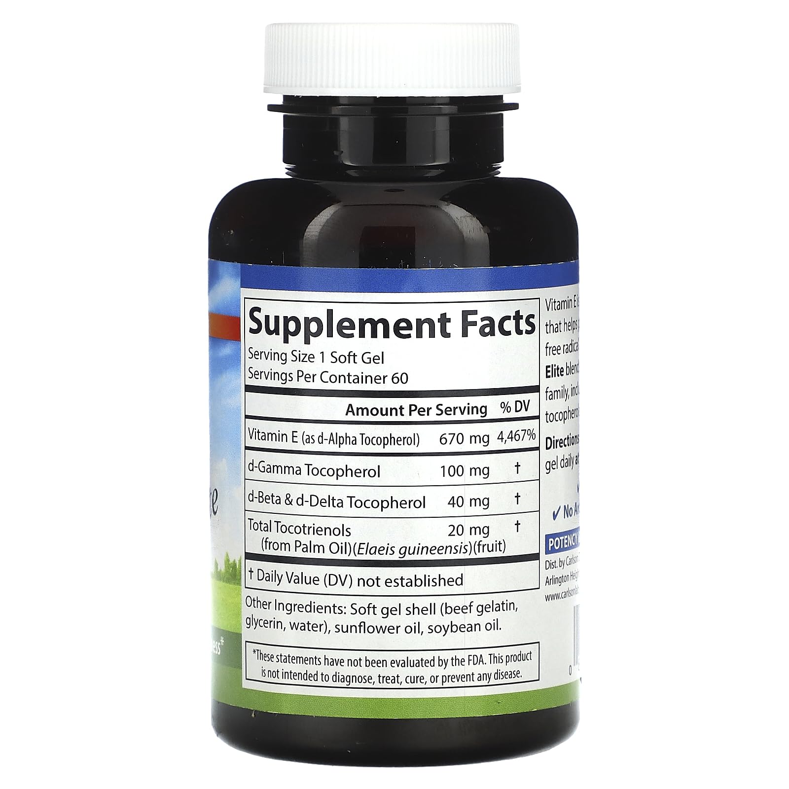 Frasco y softgels Carlson Vitamina E Natural 1000 IU