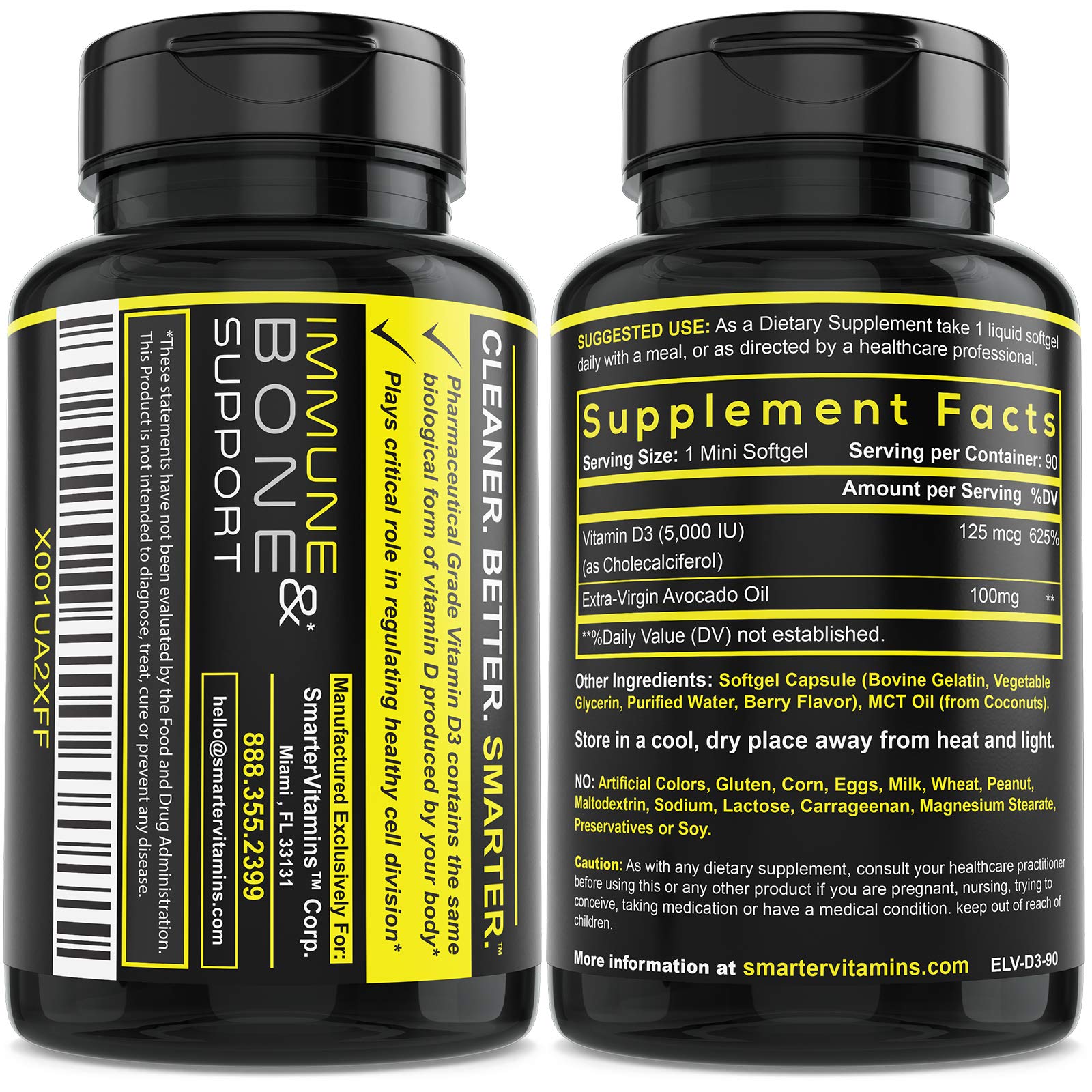 Frasco premium de softgels Smarter vitamina D3 5000 IU con aceite de aguacate