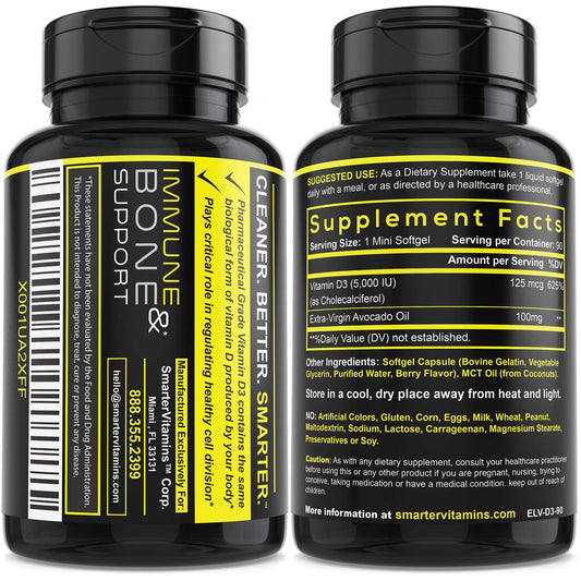 Frasco premium de softgels Smarter vitamina D3 5000 IU con aceite de aguacate