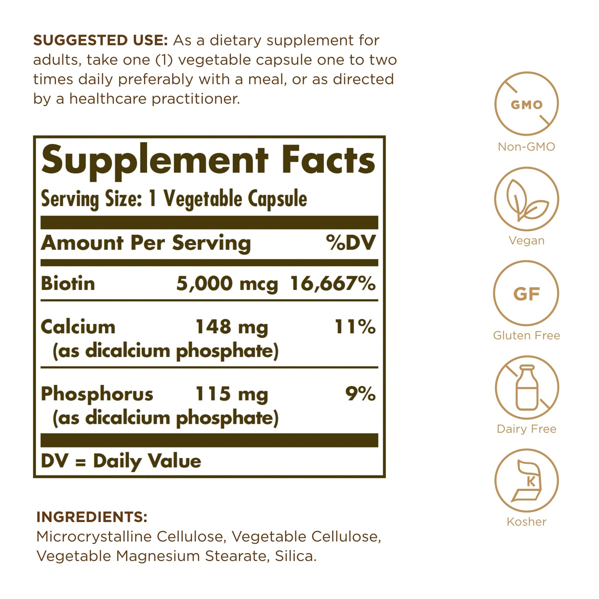 Frasco de SOLGAR Biotina 5000 mcg 100 cápsulas vegetales