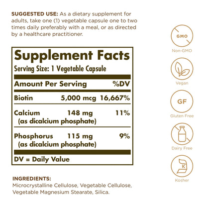 Frasco de SOLGAR Biotina 5000 mcg 100 cápsulas vegetales