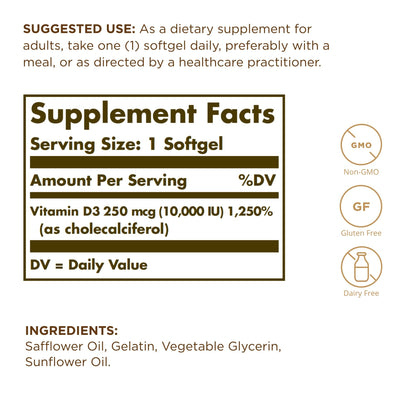 Frasco Solgar vitamina d3 colecalciferol 10000 ui