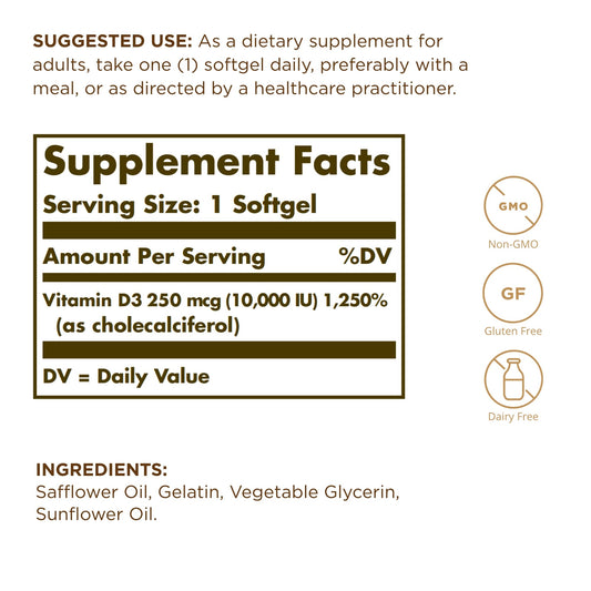 Frasco Solgar vitamina d3 colecalciferol 10000 ui
