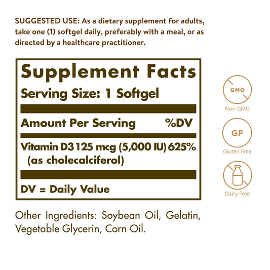 Frasco Solgar vitamina d3 colecalciferol 5000 ui