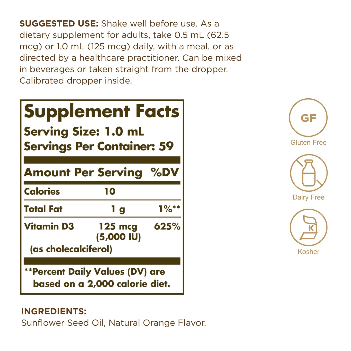 Frasco Solgar vitamina d3 líquido 5000 ui