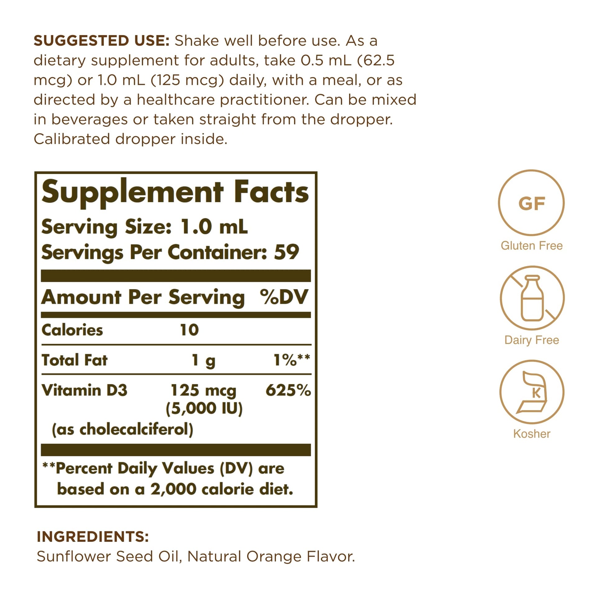 Frasco Solgar vitamina d3 líquido 5000 ui