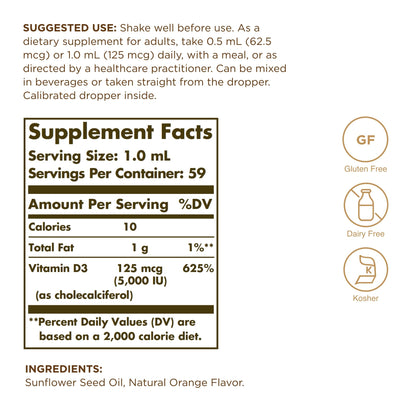 Frasco Solgar vitamina d3 líquido 5000 ui