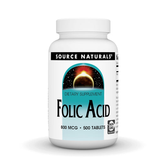 Frasco Source Naturals ácido fólico 800 mcg 500 tabletas